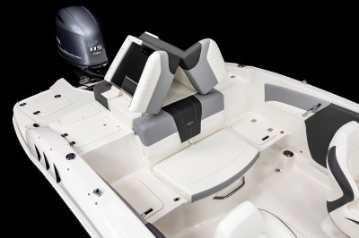 Chaparral 19 SSi OB sunpad cushions fold toward center to create walkways to the swim platform. 