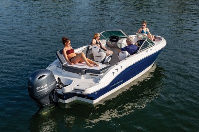 Chaparral 19 SSi OB with four passengers lounging on a calm lake. 