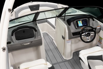 Chaparral 21 SSi OB helm console with the weather door in the closed position 