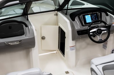 Chaparral 21 SSi OB Ski & Fish helm storage with access door open 