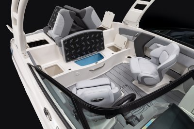 Chaparral 21 SSi cushions raised to show transom storage, utility access, and built-in cooler 