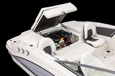 Chaparral 21 SSi Ski & Fish aft sun pad lifts for easy access to large engine compartment. 