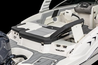 Chaparral 23 SSi OB sunpad converts into a port-facing chaise lounge. 