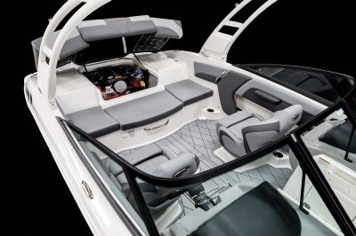 Chaparral GTS 1 sunpad lifts up with shocks for wide engine access bay. 