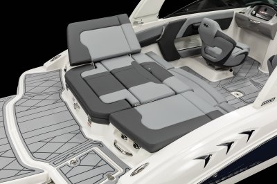 Chaparral GTS 1 sunpad side cushion fold up to create starboard-facing lounge. 
