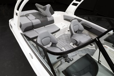 Chaparral GTS 1 port sunpad cushion folds toward center for walkway between cockpit and swim pad. 