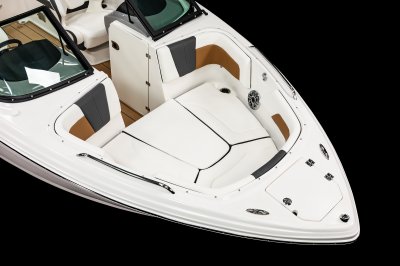 Chaparral GTS 3 bow filler cushion converts seating area into large sunpad. 