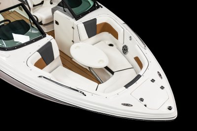 Chaparral GTS 3 bow table mounted on metal hardware with 2 cupholders built in. 