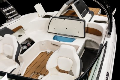 Chaparral GTS 3 has storage built underneath cockpit seating, with insulated cooler under center seat. 