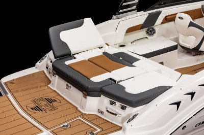Chaparral GTS 3 sunpad side cushion fold up to create starboard-facing lounge. 