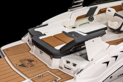 Chaparral GTS 3 sunpad side cushion fold up to create port-facing lounge. 