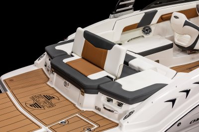 Chaparral GTS 3 sunpad center cushion folds up to create aft-facing bench seat. 
