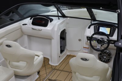 Chaparral GTS 3 port console has a storage compartment built in the bow walkway 