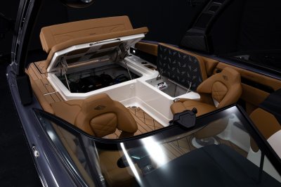 Chaparral GTS 6 lid under aft bench folds up to give wide engine bay access. 