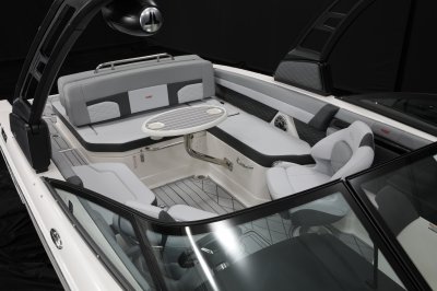 Chaparral GTS 6 cockpit bench seats with cushioned bolsters with cockpit table installed 