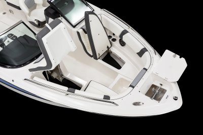Chaparral 250 OSX bow storage built underneath seating with insulated cooler. 