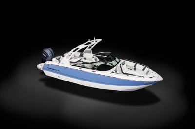 Chaparral 250 OSX overhead front starboard view on a black background. 