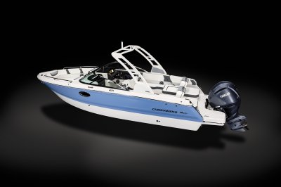 Chaparral 250 OSX overhead rear port view on a black background. 