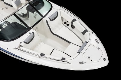 Chaparral 250 OSX bow seating with cupholders, speakers, and chargers. 