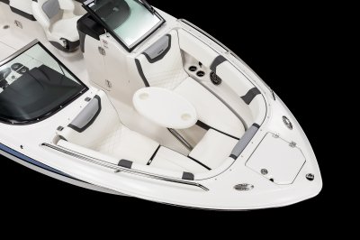 Chaparral 250 OSX bow seating area with table installed on metal hardware. 