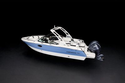 Chaparral 250 OSX overhead rear port view on a black background. 