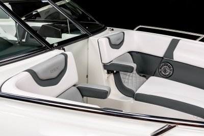 Chaparral 270 OSX bow armrests fold out near the built-in lumbar support. 