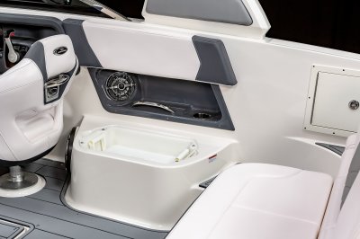 Chaparral 270 OSX carry-on cooler storage under bench cushion. 