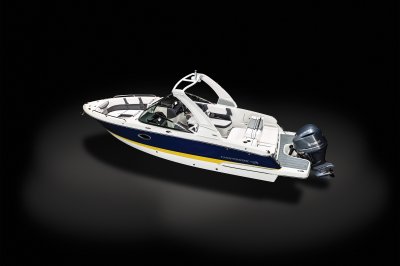 Chaparral 270 OSX overhead rear port view on a black background. 