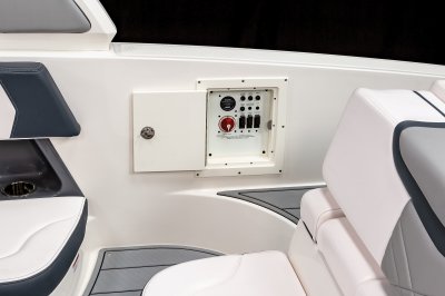 Chaparral 270 OSX battery switches built into gunwale on starboard side walkway. 