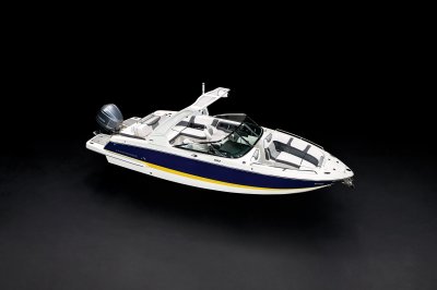 Chaparral 270 OSX overhead front starboard view on a black background. 