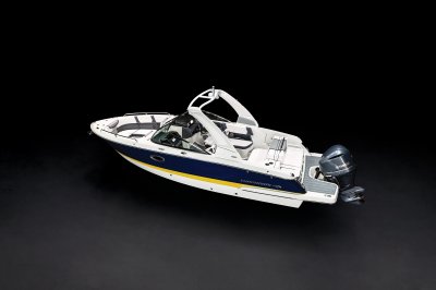 Chaparral 270 OSX overhead rear port view on a black background. 
