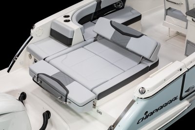 Chaparral 280 OSX aft bench seat folds out to create wide aft-facing lounge. 