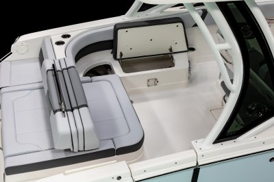 Chaparral 280 OSX port cockpit cushions lift away to give storage and utility access. 