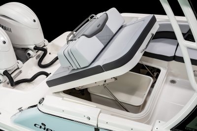 Chaparral 280 OSX lid built underneath aft bench lifts for bilge access. 