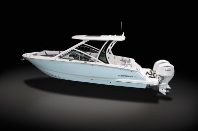 Chaparral 280 OSX overhead rear port view on a black background. 