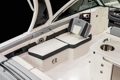 Chaparral 310 OSX port seat with backrest flipped forward to create aft-facing lounge. 
