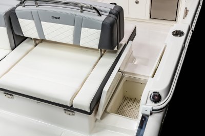 Chaparral 310 OSX transom walkway has storage built into the deck with flush-mounted hinges. 