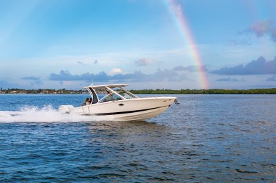 Chaparral 310 OSX cruising near the shoreline with a rainbow overhead. 