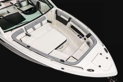 Chaparral 310 OSX bow seating with wide lounge and bench seating. 