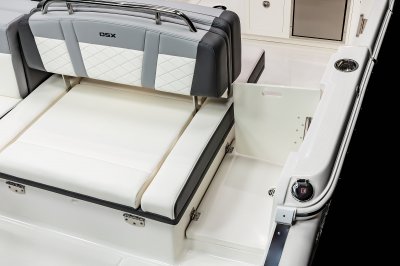 Chaparral 310 OSX walkway has latching door with metal hardware. 