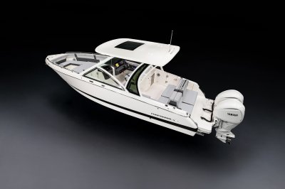 Chaparral 310 OSX rear port view on a black background 