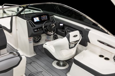 Chaparral 247 SSX helm station has touchscreens, bluetooth stereo, and metal control switches. 
