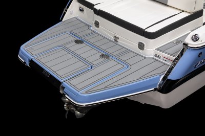 Chaparral 247 SSX the wide swim platform is covered in SeaDek flooring mats. 