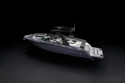 Chaparral SSX 30 overhead front starboard view on a black background. 