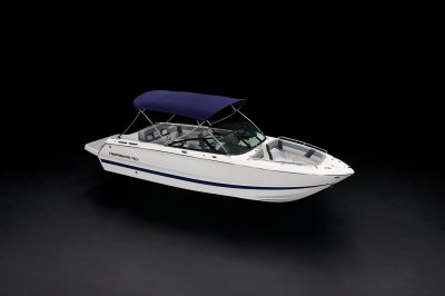 Chaparral SSX 4 front starboard view with bimini top open on a black background 