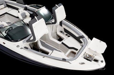 Chaparral 267 SSX bow cushions lifted to show storage. 