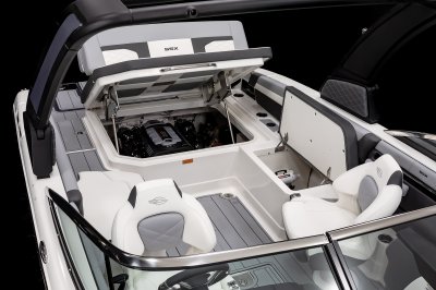 Chaparral 267 SSX open seats showing cooler, ski locker, and dry storage. 