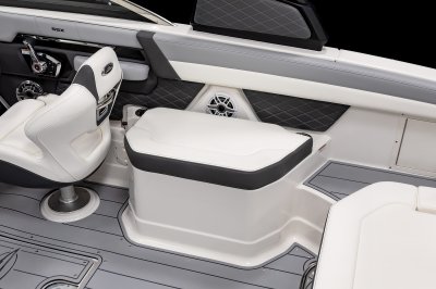 Chaparral 267 SSX bench seat with cushioned bolsters and cooler built underneath. 
