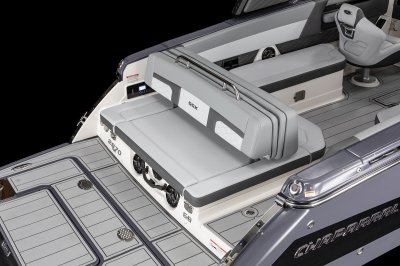 Chaparral SSX 8 aft back-to-back bench seat with thick cushioning. 