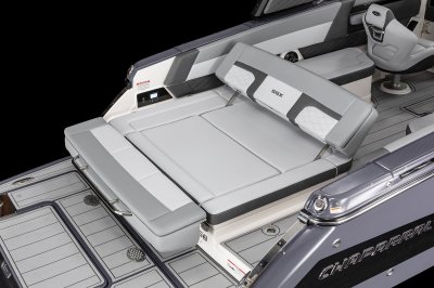 Chaparral SSX 8 aft bench folds into wide rear-facing sun lounge. 